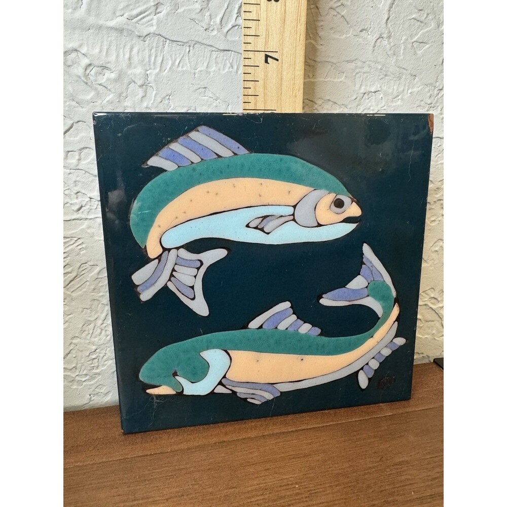 Vintage Salmon Fish Hand Painted Terracotta Tile Trivet Hot Plate USA Elany